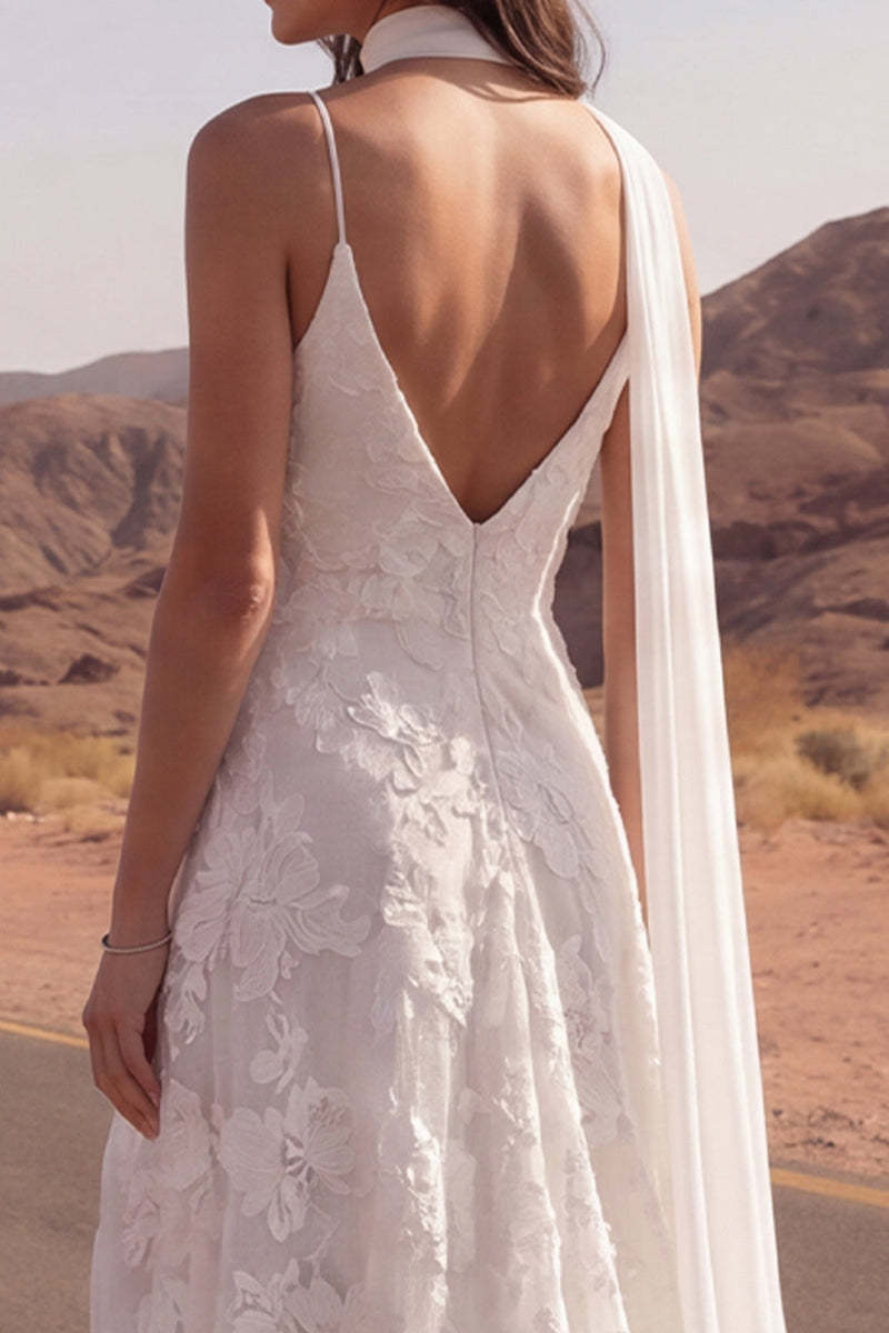 Load image into Gallery viewer, Ivory Spaghetti Straps Floral A Line Sweep Train Boho Wedding Dress with Slit