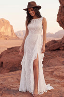 Load image into Gallery viewer, Ruffled Ivory Lace Mermaid Sweep Train Boho Wedding Dress with Slit