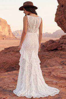 Ruffled Ivory Lace Mermaid Sweep Train Boho Wedding Dress with Slit