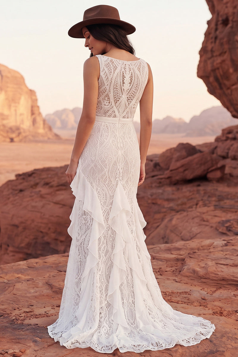 Load image into Gallery viewer, Ruffled Ivory Lace Mermaid Sweep Train Boho Wedding Dress with Slit