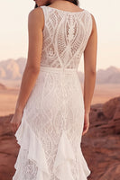 Load image into Gallery viewer, Ruffled Ivory Lace Mermaid Sweep Train Boho Wedding Dress with Slit