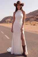 Load image into Gallery viewer, Mermaid High Neck Ivory Lace Sweep Train Boho Wedding Dress with Slit
