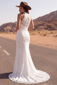 Mermaid High Neck Ivory Lace Sweep Train Boho Wedding Dress with Slit