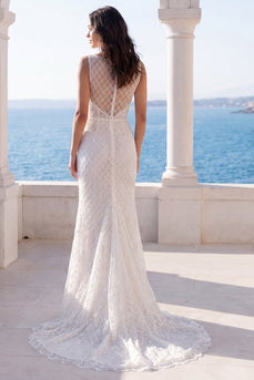 Mermaid Sparkly Ivory Sweep Train Beaded Wedding Dress
