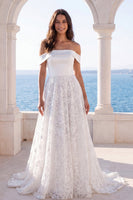 Load image into Gallery viewer, Ivory Floral Off the Shoulder A Line Sweep Train Beach Wedding Dress