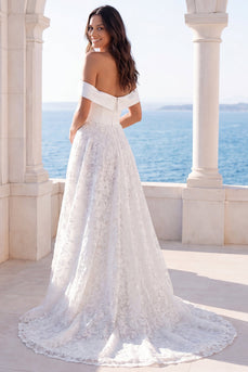 Ivory Floral Off the Shoulder A Line Sweep Train Beach Wedding Dress
