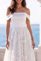 Load image into Gallery viewer, Ivory Floral Off the Shoulder A Line Sweep Train Beach Wedding Dress