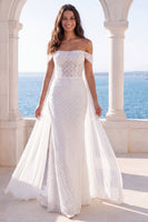 Load image into Gallery viewer, Sparkly Mermaid Sweep Train Ivory Beaded Wedding Dress with Cape
