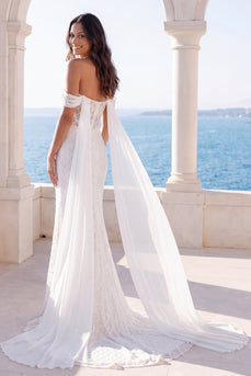 Sparkly Mermaid Sweep Train Ivory Beaded Wedding Dress with Cape