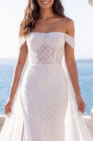 Load image into Gallery viewer, Sparkly Mermaid Sweep Train Ivory Beaded Wedding Dress with Cape