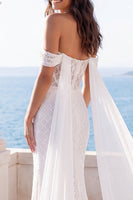 Load image into Gallery viewer, Sparkly Mermaid Sweep Train Ivory Beaded Wedding Dress with Cape