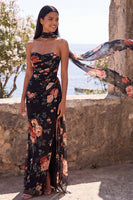 Load image into Gallery viewer, Black Strapless Ruched Mermaid Floral Long Formal Dress with Slit