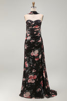 Load image into Gallery viewer, Black Strapless Ruched Mermaid Floral Long Formal Dress with Slit