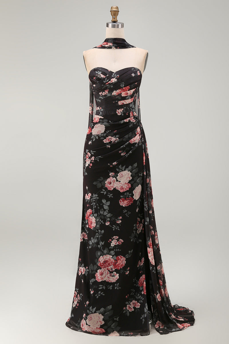 Load image into Gallery viewer, Black Strapless Ruched Mermaid Floral Long Formal Dress with Slit