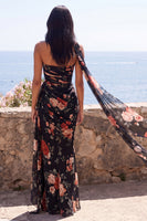 Load image into Gallery viewer, Black Strapless Ruched Mermaid Floral Long Formal Dress with Slit