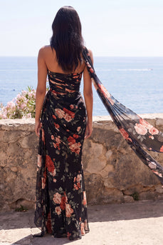 Black Strapless Ruched Mermaid Floral Long Formal Dress with Slit