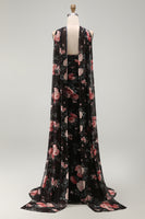 Load image into Gallery viewer, Black Strapless Ruched Mermaid Floral Long Formal Dress with Slit