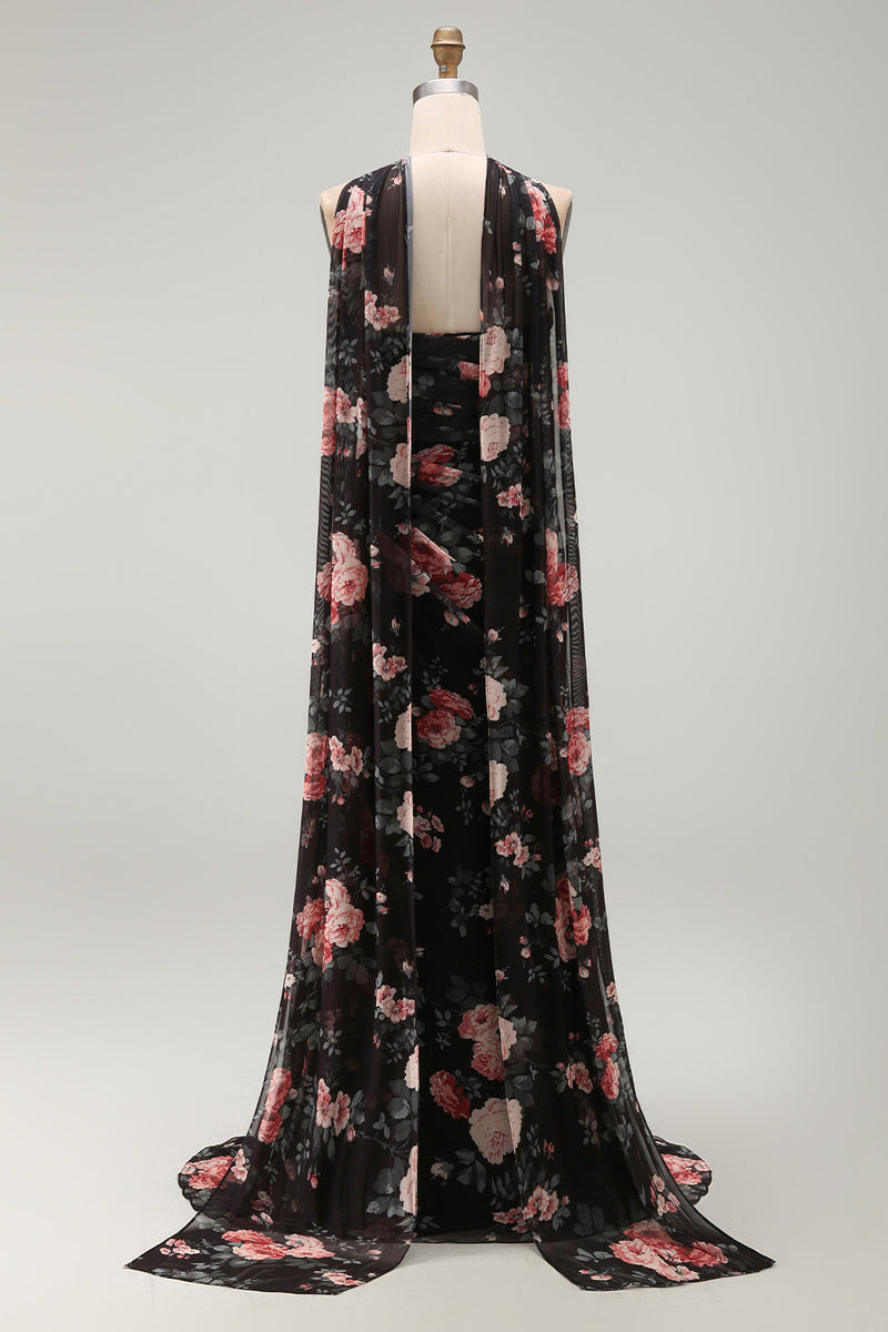 Load image into Gallery viewer, Black Strapless Ruched Mermaid Floral Long Formal Dress with Slit