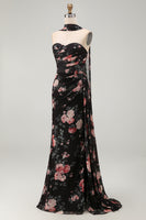 Load image into Gallery viewer, Black Strapless Ruched Mermaid Floral Long Formal Dress with Slit