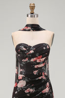Load image into Gallery viewer, Black Strapless Ruched Mermaid Floral Long Formal Dress with Slit