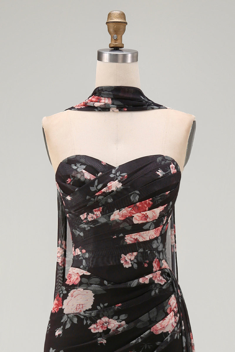 Load image into Gallery viewer, Black Strapless Ruched Mermaid Floral Long Formal Dress with Slit