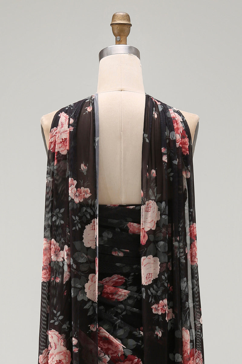 Load image into Gallery viewer, Black Strapless Ruched Mermaid Floral Long Formal Dress with Slit