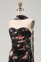 Load image into Gallery viewer, Black Strapless Ruched Mermaid Floral Long Formal Dress with Slit