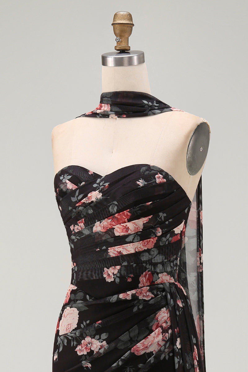 Load image into Gallery viewer, Black Strapless Ruched Mermaid Floral Long Formal Dress with Slit
