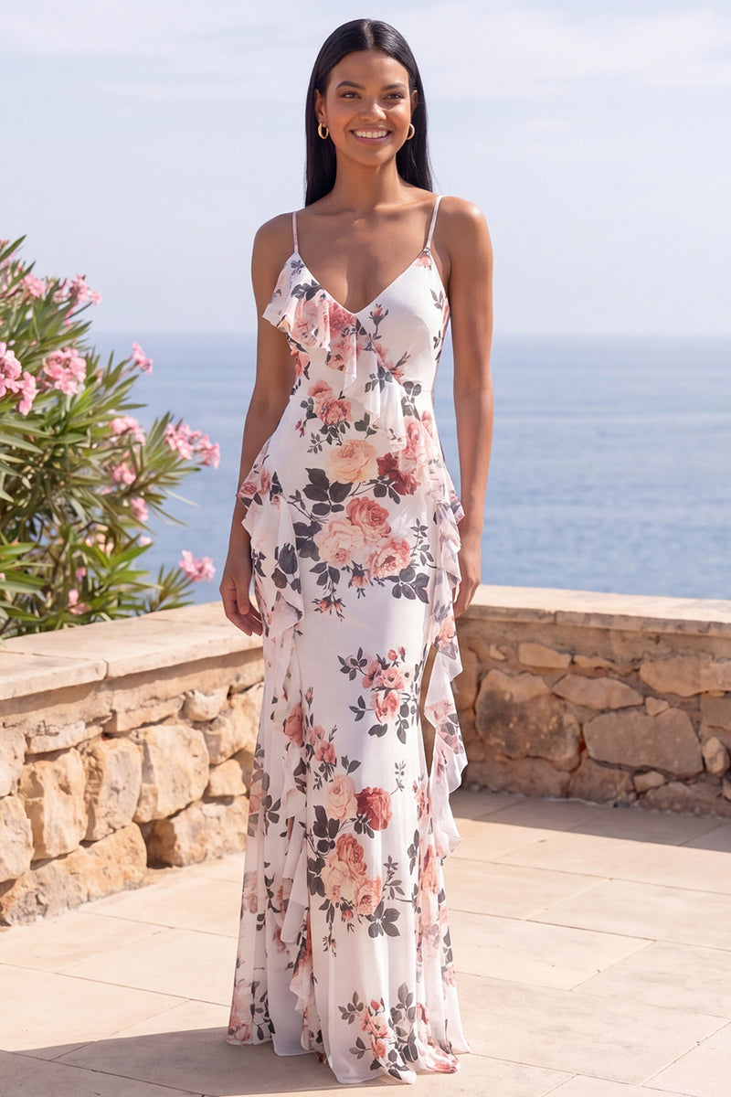 Load image into Gallery viewer, Ivory V-Neck Mermaid Floral Long Formal Dress with Ruffles