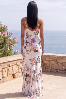 Ivory V-Neck Mermaid Floral Long Formal Dress with Ruffles