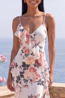 Load image into Gallery viewer, Ivory V-Neck Mermaid Floral Long Formal Dress with Ruffles