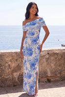 Load image into Gallery viewer, Blue Flower Mermaid One Shoulder Long Formal Dress with Slit