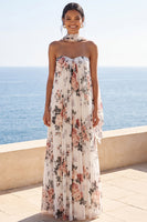 Load image into Gallery viewer, Strapless Floral Ivory A Line Long Formal Dress