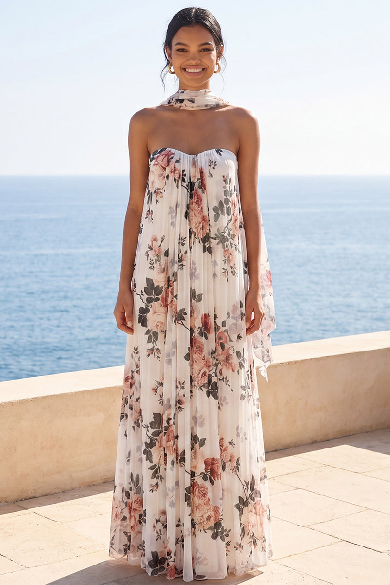 Load image into Gallery viewer, Strapless Floral Ivory A Line Long Formal Dress