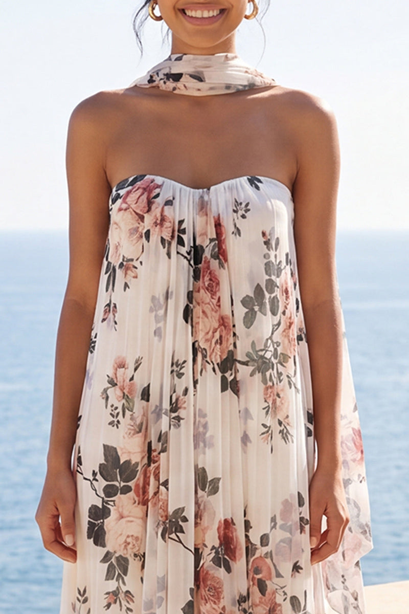 Load image into Gallery viewer, Strapless Floral Ivory A Line Long Formal Dress