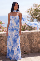 Load image into Gallery viewer, Blue Flower Strapless Ruched Sheath Long Formal Dress