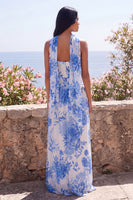 Load image into Gallery viewer, Blue Flower Strapless Ruched Sheath Long Formal Dress