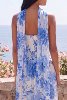 Load image into Gallery viewer, Blue Flower Strapless Ruched Sheath Long Formal Dress