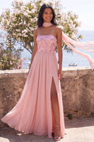 Load image into Gallery viewer, Pink Floral Strapless A Line Long Formal Dress with Slit