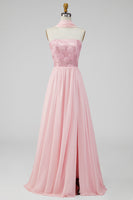 Load image into Gallery viewer, Pink Floral Strapless A Line Long Formal Dress with Slit