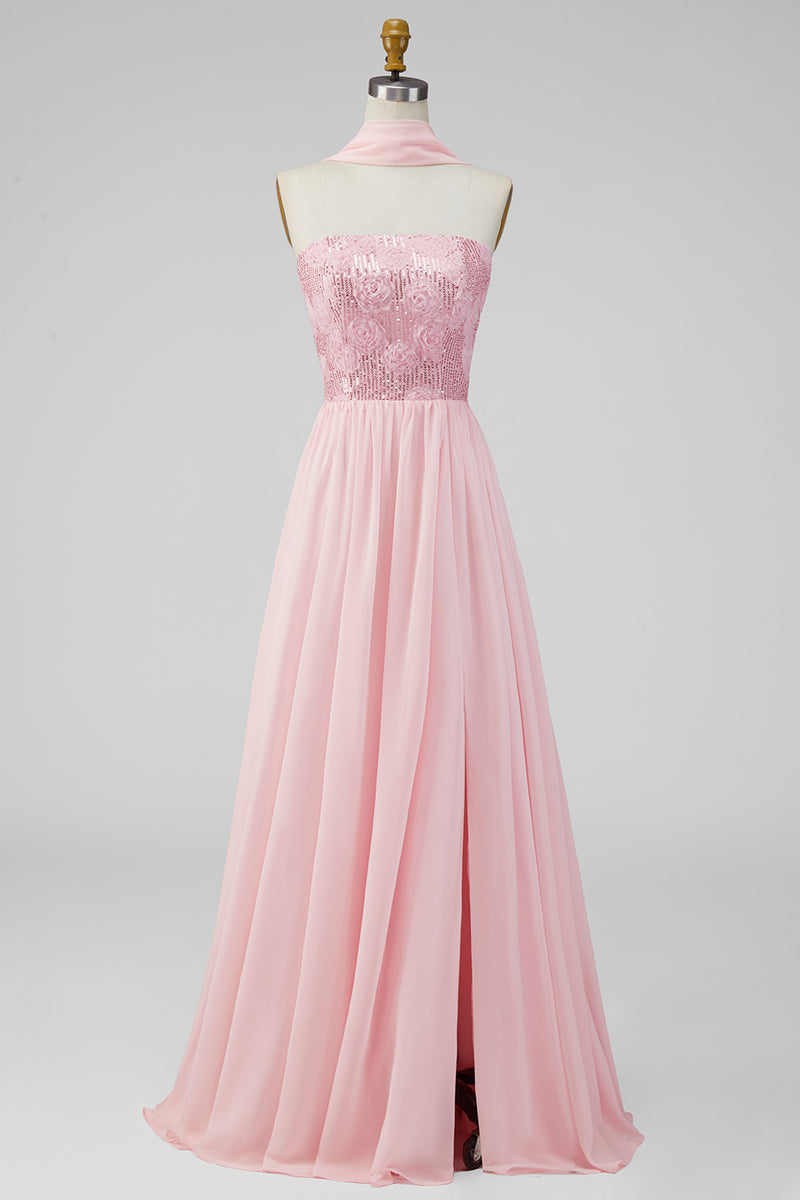 Load image into Gallery viewer, Pink Floral Strapless A Line Long Formal Dress with Slit