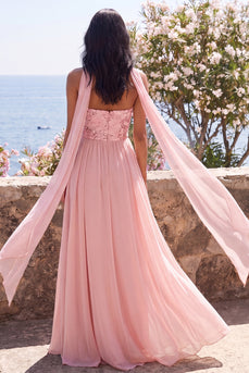 Pink Floral Strapless A Line Long Formal Dress with Slit