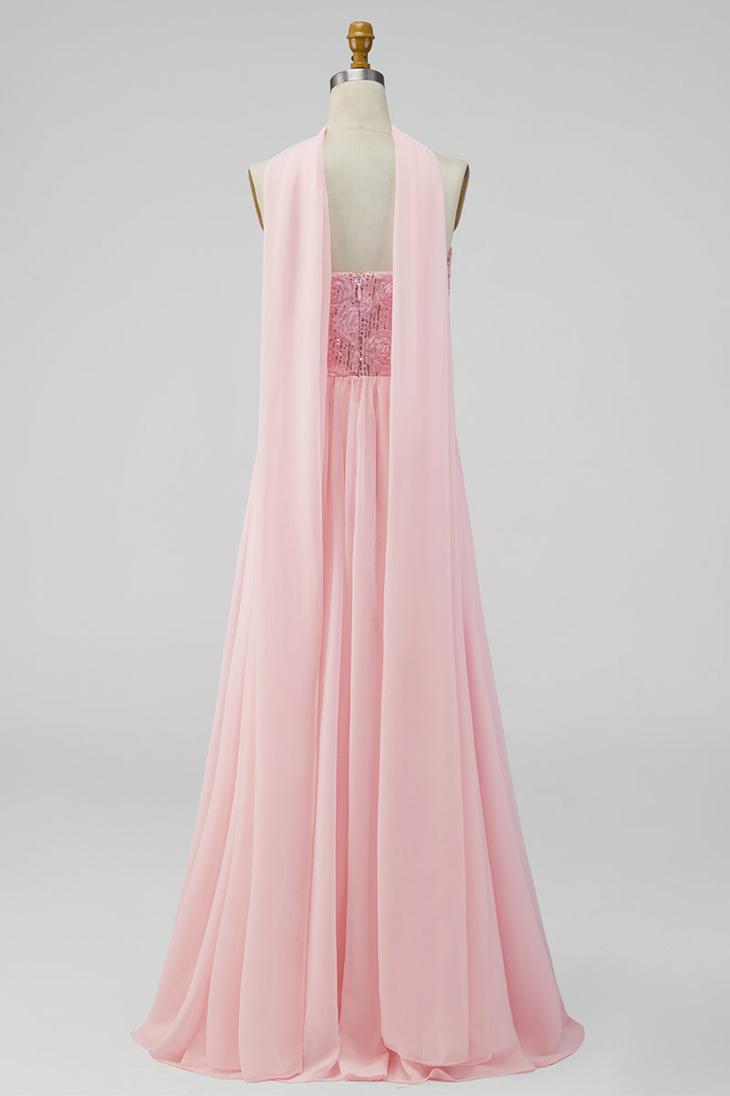 Load image into Gallery viewer, Pink Floral Strapless A Line Long Formal Dress with Slit