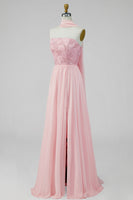 Load image into Gallery viewer, Pink Floral Strapless A Line Long Formal Dress with Slit