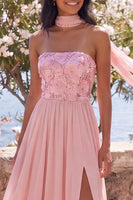 Load image into Gallery viewer, Pink Floral Strapless A Line Long Formal Dress with Slit