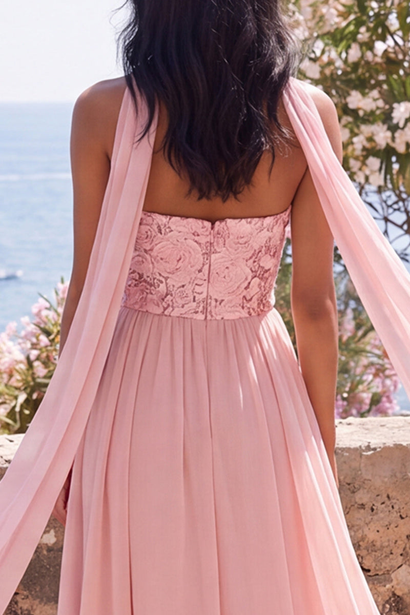 Load image into Gallery viewer, Pink Floral Strapless A Line Long Formal Dress with Slit