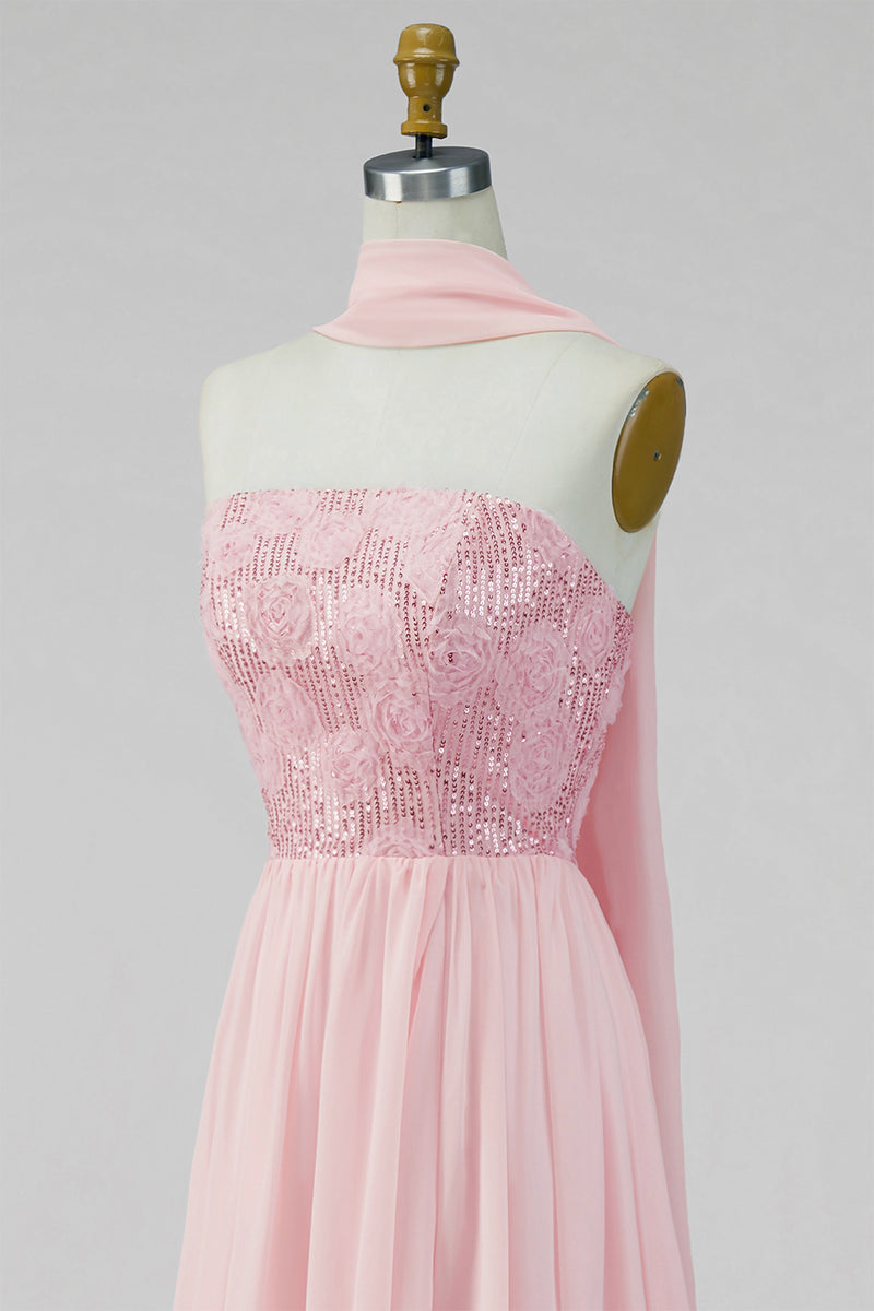 Load image into Gallery viewer, Pink Floral Strapless A Line Long Formal Dress with Slit