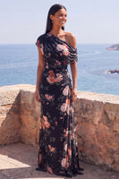 Load image into Gallery viewer, Ivory One Shoulder Ruched Mermaid Floral Long Formal Dress with slit