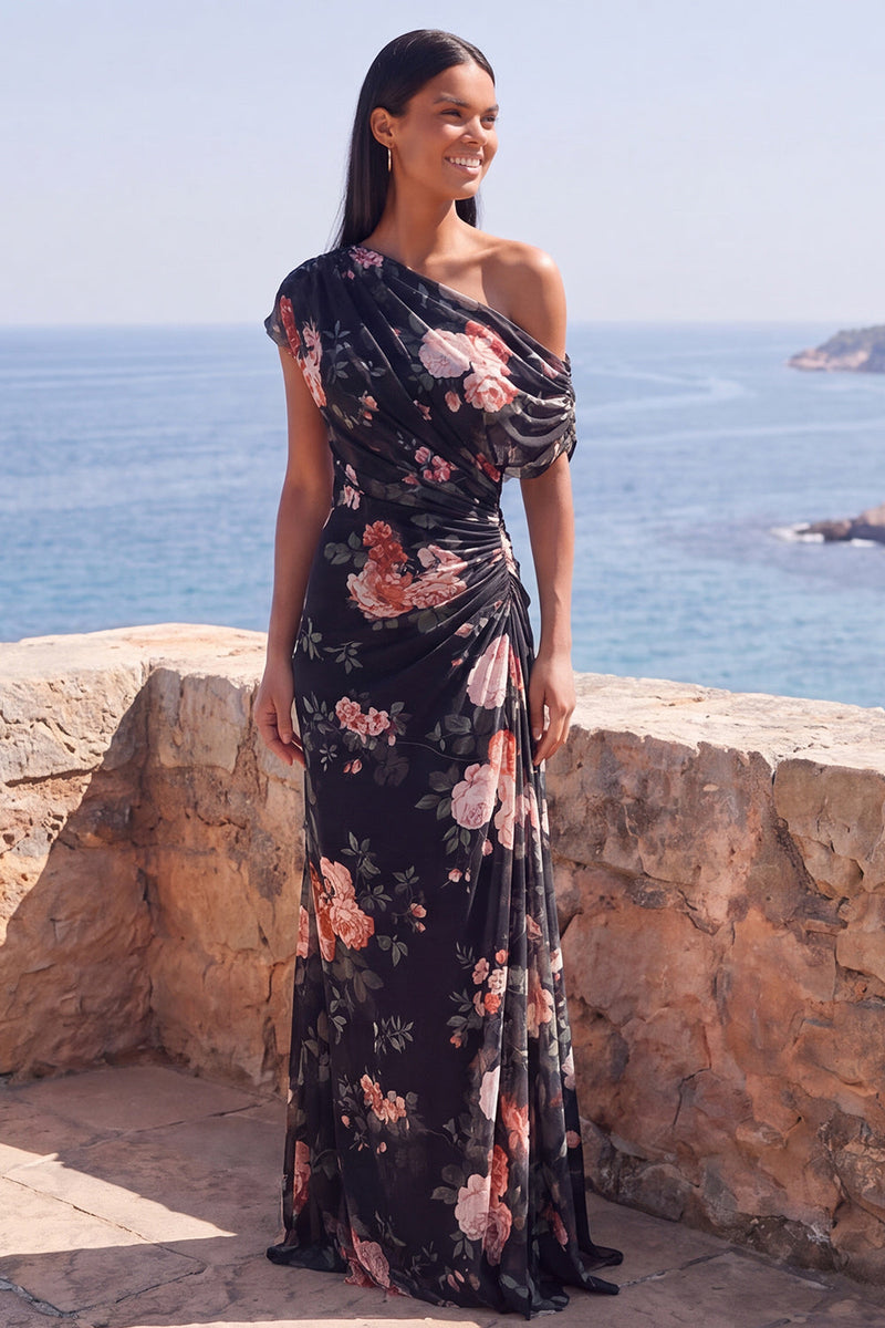 Load image into Gallery viewer, Ivory One Shoulder Ruched Mermaid Floral Long Formal Dress with slit