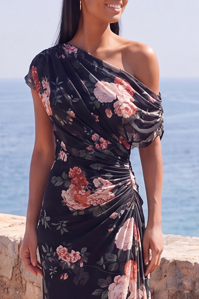 Load image into Gallery viewer, Ivory One Shoulder Ruched Mermaid Floral Long Formal Dress with slit